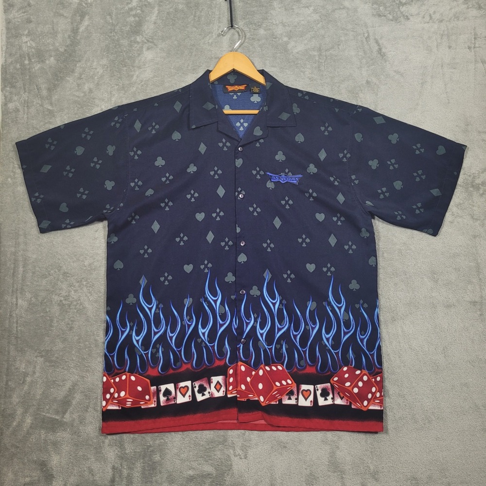 Vintage Las Vegas Shirt Mens XL Blue Red Flames Fire Dice Poker Button Up